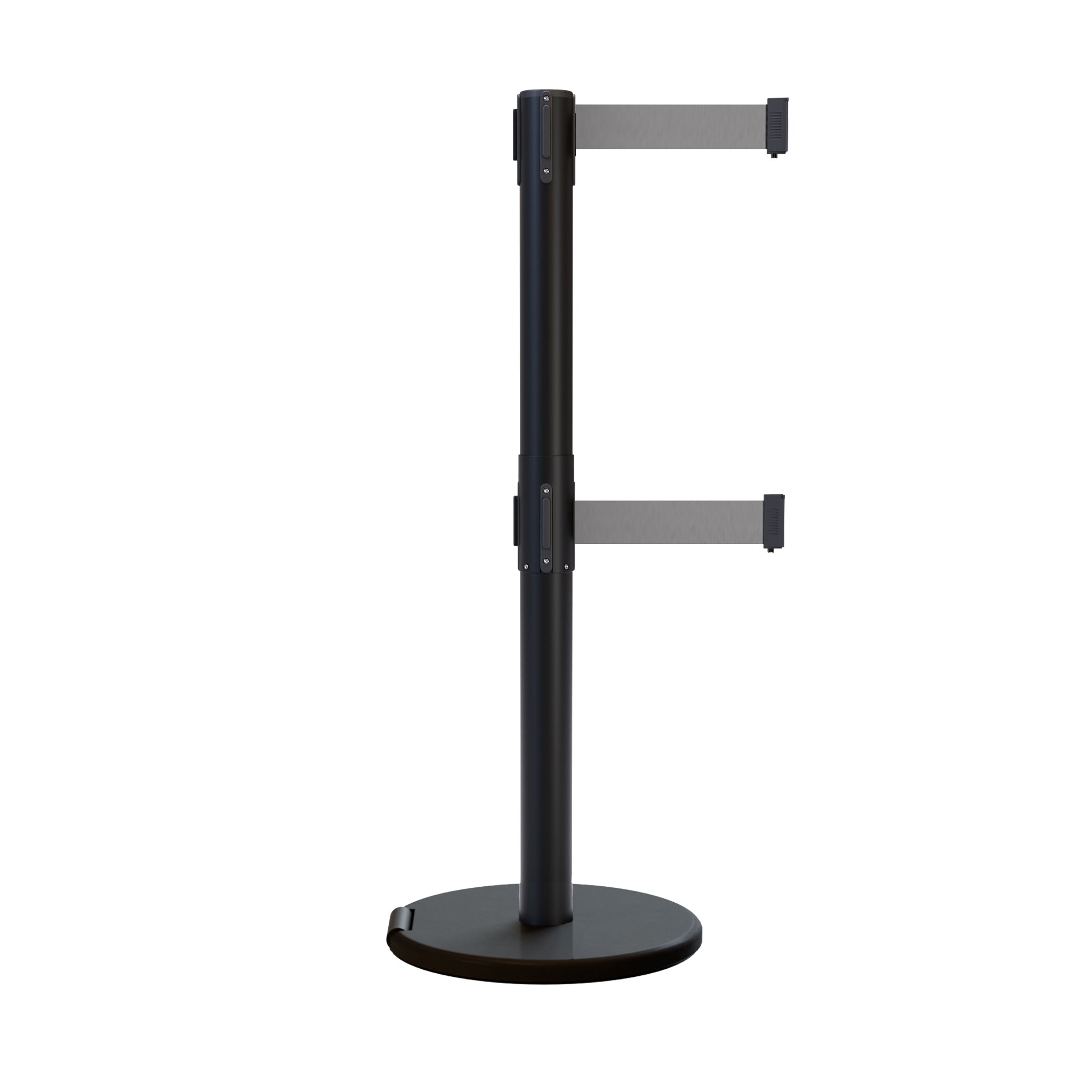 Retractable Dual Belt Barrier Stanchion, Rolling Base, Black Steel Post, 13 ft Belt - Montour Line ME630D - Crowd Control Warehouse