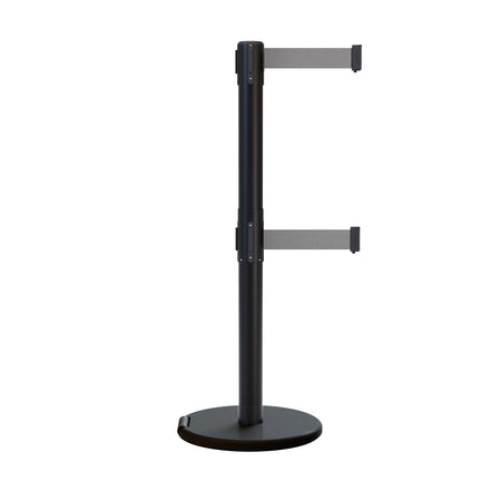 Retractable Dual Belt Barrier Stanchion, Rolling Base, Black Steel Post, 13 ft Belt - Montour Line ME630D - Crowd Control Warehouse