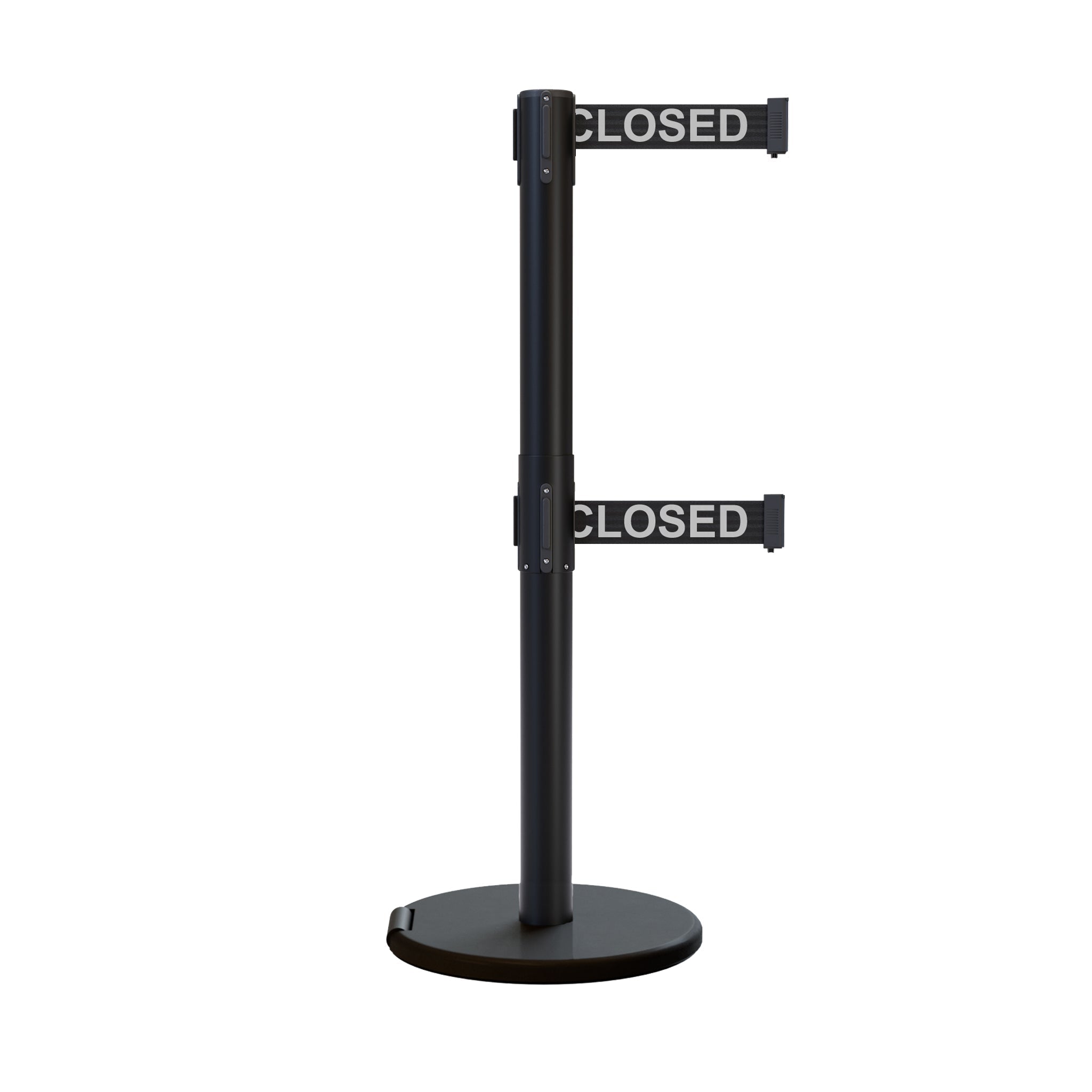 Retractable Dual Belt Barrier Stanchion, Rolling Base, Black Steel Post, 13 ft Belt - Montour Line ME630D - Crowd Control Warehouse