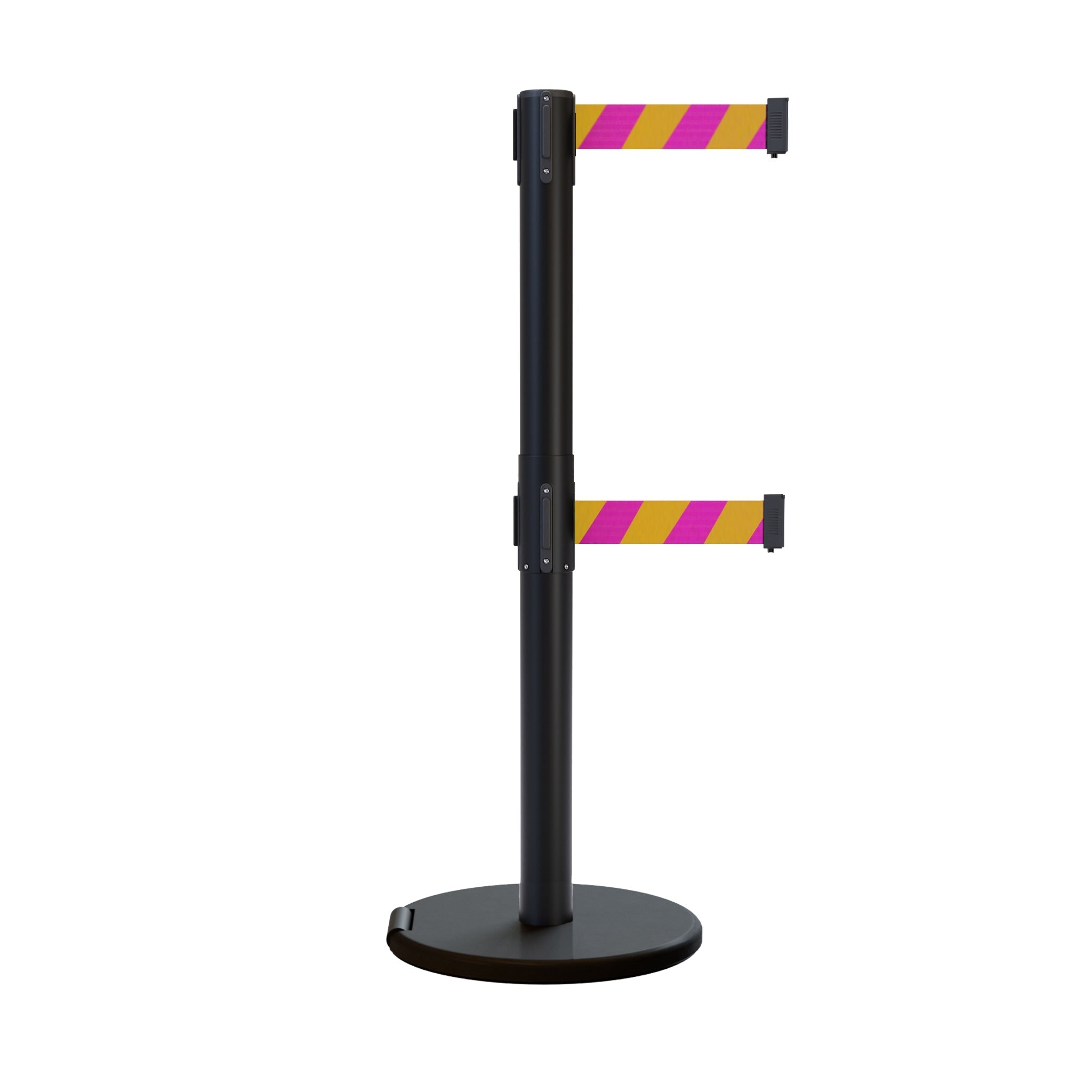 Retractable Dual Belt Barrier Stanchion, Rolling Base, Black Steel Post, 13 ft Belt - Montour Line ME630D - Crowd Control Warehouse