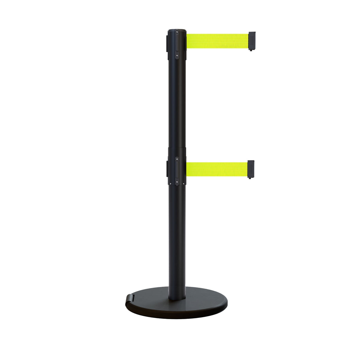 Retractable Dual Belt Barrier Stanchion, Rolling Base, Black Steel Post, 13 ft Belt - Montour Line ME630D - Crowd Control Warehouse