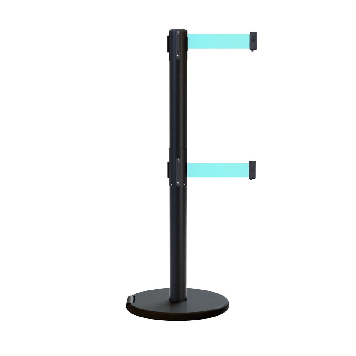 Retractable Dual Belt Barrier Stanchion, Rolling Base, Black Steel Post, 13 ft Belt - Montour Line ME630D - Crowd Control Warehouse
