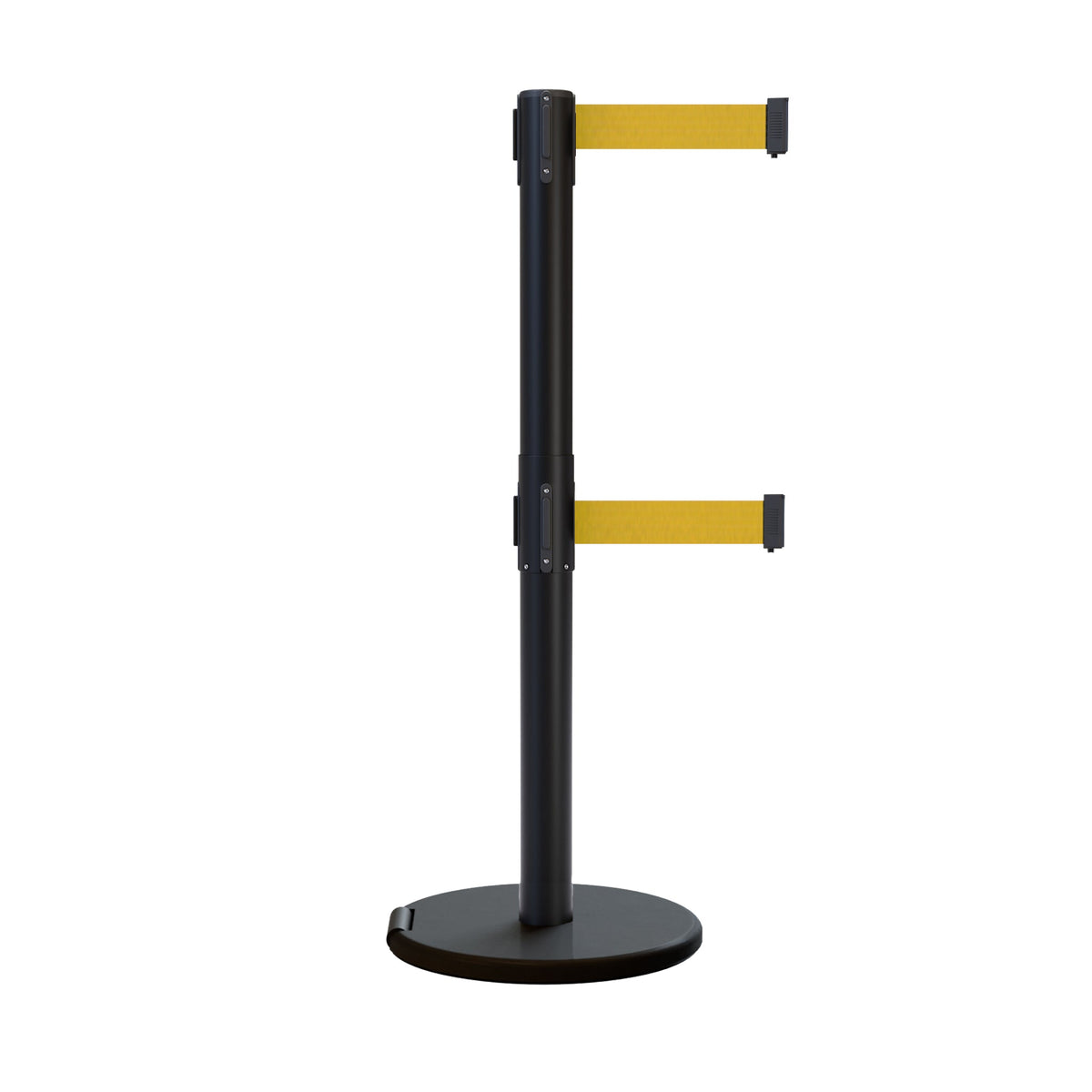Retractable Dual Belt Barrier Stanchion, Rolling Base, Black Steel Post, 13 ft Belt - Montour Line ME630D - Crowd Control Warehouse