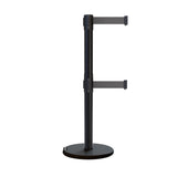Retractable Dual Belt Barrier Stanchion, Rolling Base, Black Steel Post, 13 ft Belt - Montour Line ME630D - Crowd Control Warehouse