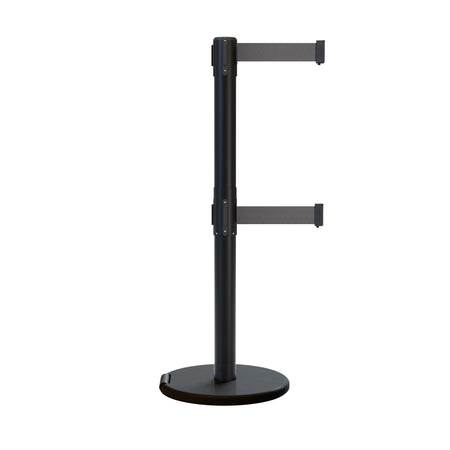 Retractable Dual Belt Barrier Stanchion, Rolling Base, Black Steel Post, 13 ft Belt - Montour Line ME630D - Crowd Control Warehouse