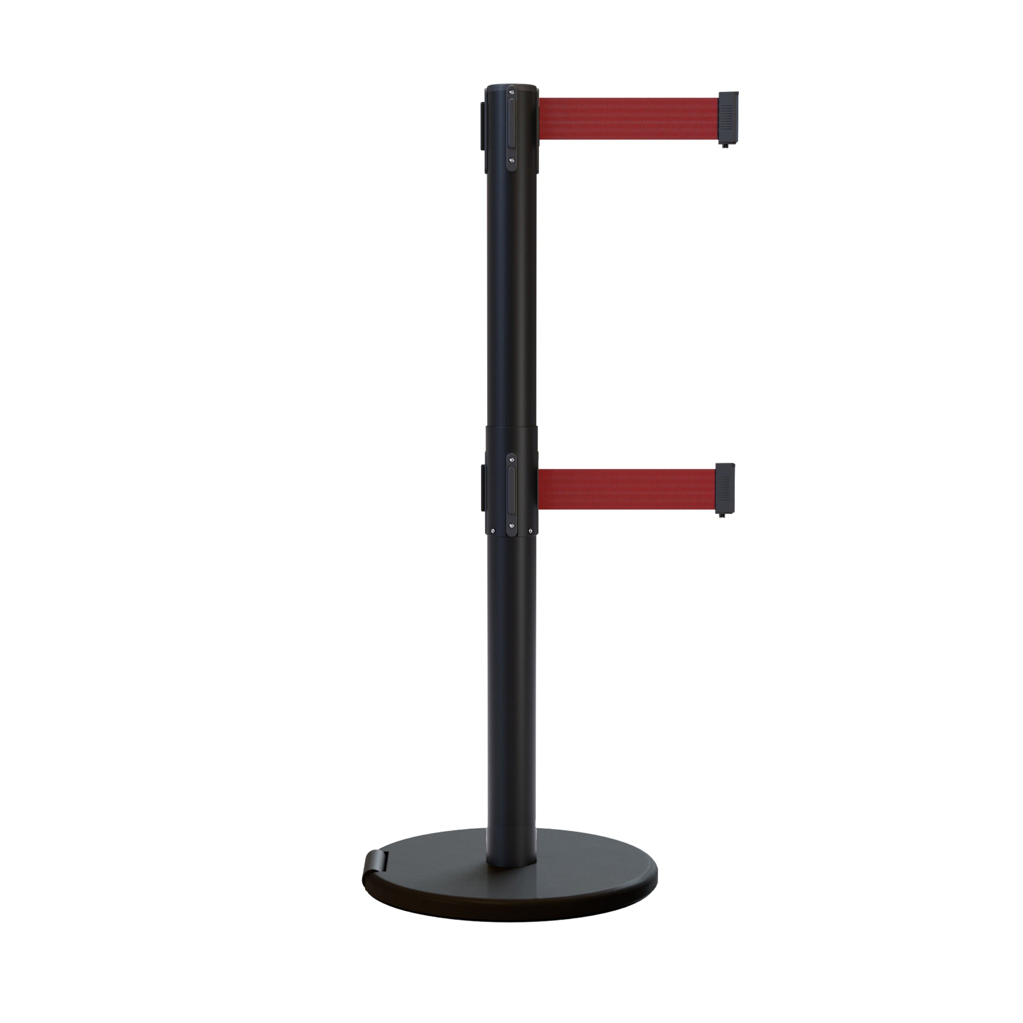 Retractable Dual Belt Barrier Stanchion, Rolling Base, Black Steel Post, 13 ft Belt - Montour Line ME630D - Crowd Control Warehouse
