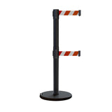 Retractable Dual Belt Barrier Stanchion, Rolling Base, Black Steel Post, 13 ft Belt - Montour Line ME630D - Crowd Control Warehouse