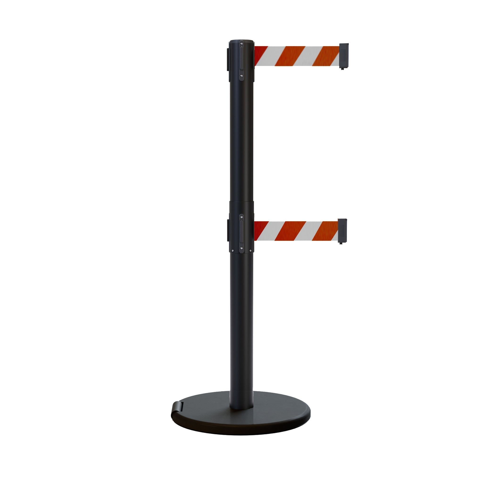 Retractable Dual Belt Barrier Stanchion, Rolling Base, Black Steel Post, 13 ft Belt - Montour Line ME630D - Crowd Control Warehouse