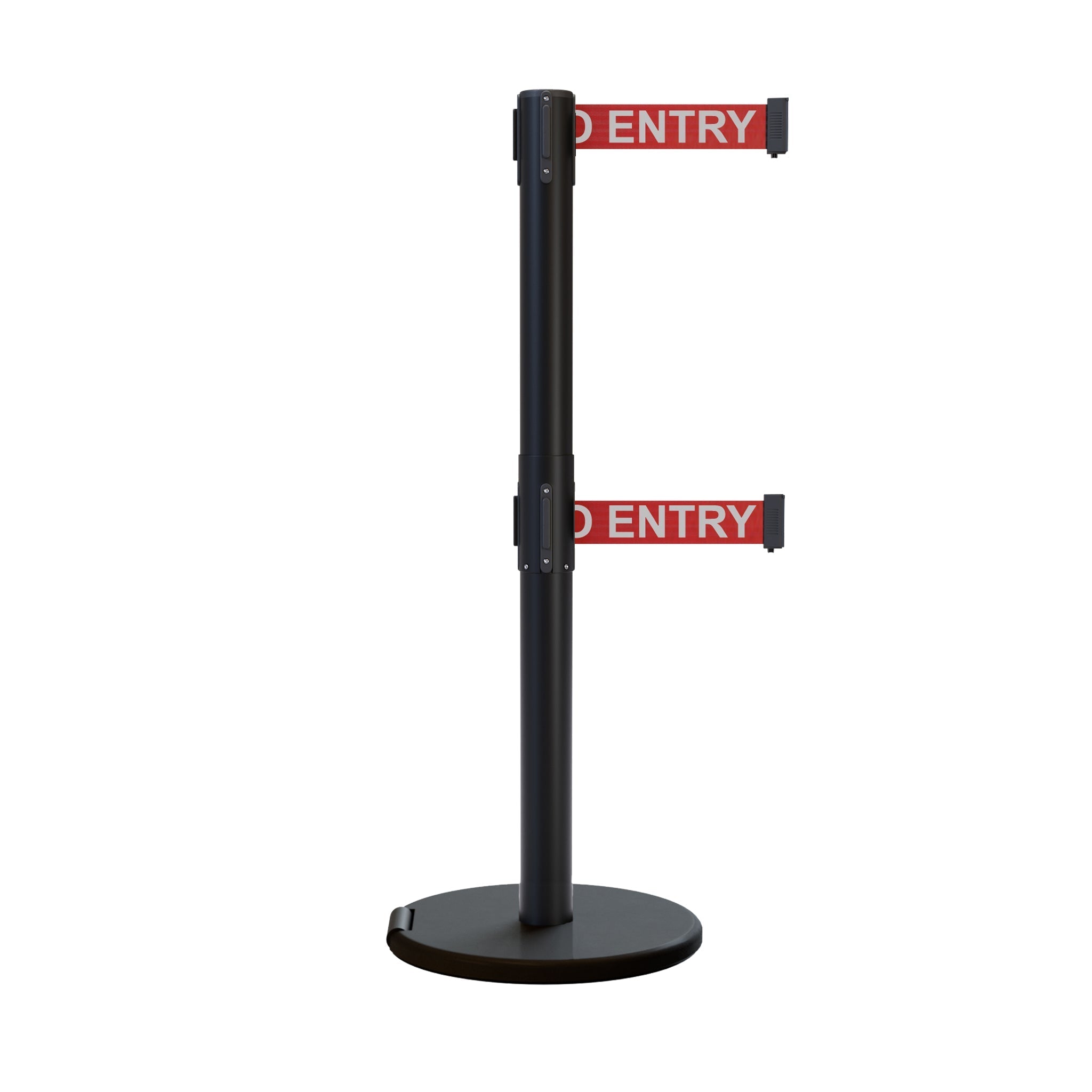 Retractable Dual Belt Barrier Stanchion, Rolling Base, Black Steel Post, 13 ft Belt - Montour Line ME630D - Crowd Control Warehouse