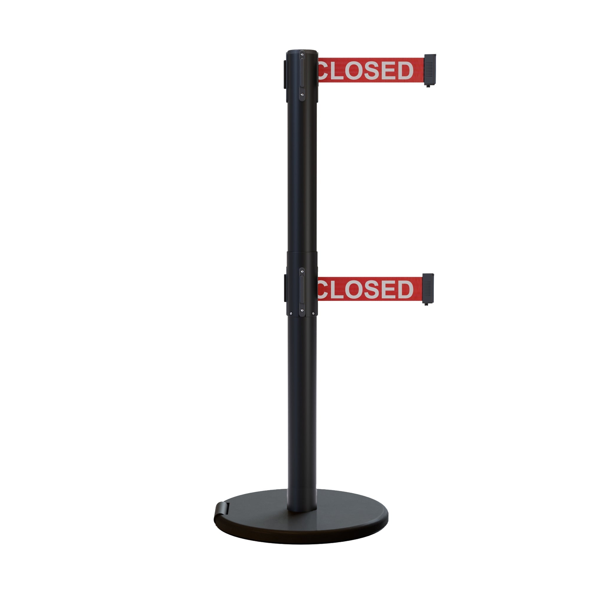 Retractable Dual Belt Barrier Stanchion, Rolling Base, Black Steel Post, 13 ft Belt - Montour Line ME630D - Crowd Control Warehouse
