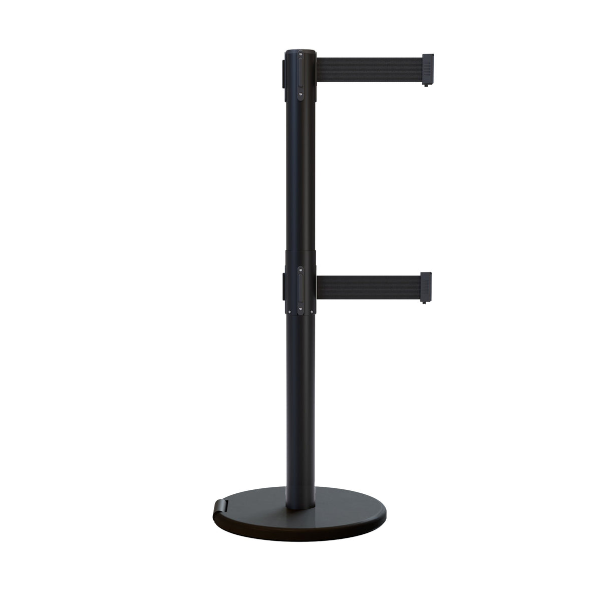 Retractable Dual Belt Barrier Stanchion, Rolling Base, Black Steel Post, 13 ft Belt - Montour Line ME630D - Crowd Control Warehouse