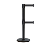 Retractable Dual Belt Barrier Stanchion, Rolling Base, Black Steel Post, 13 ft Belt - Montour Line ME630D - Crowd Control Warehouse
