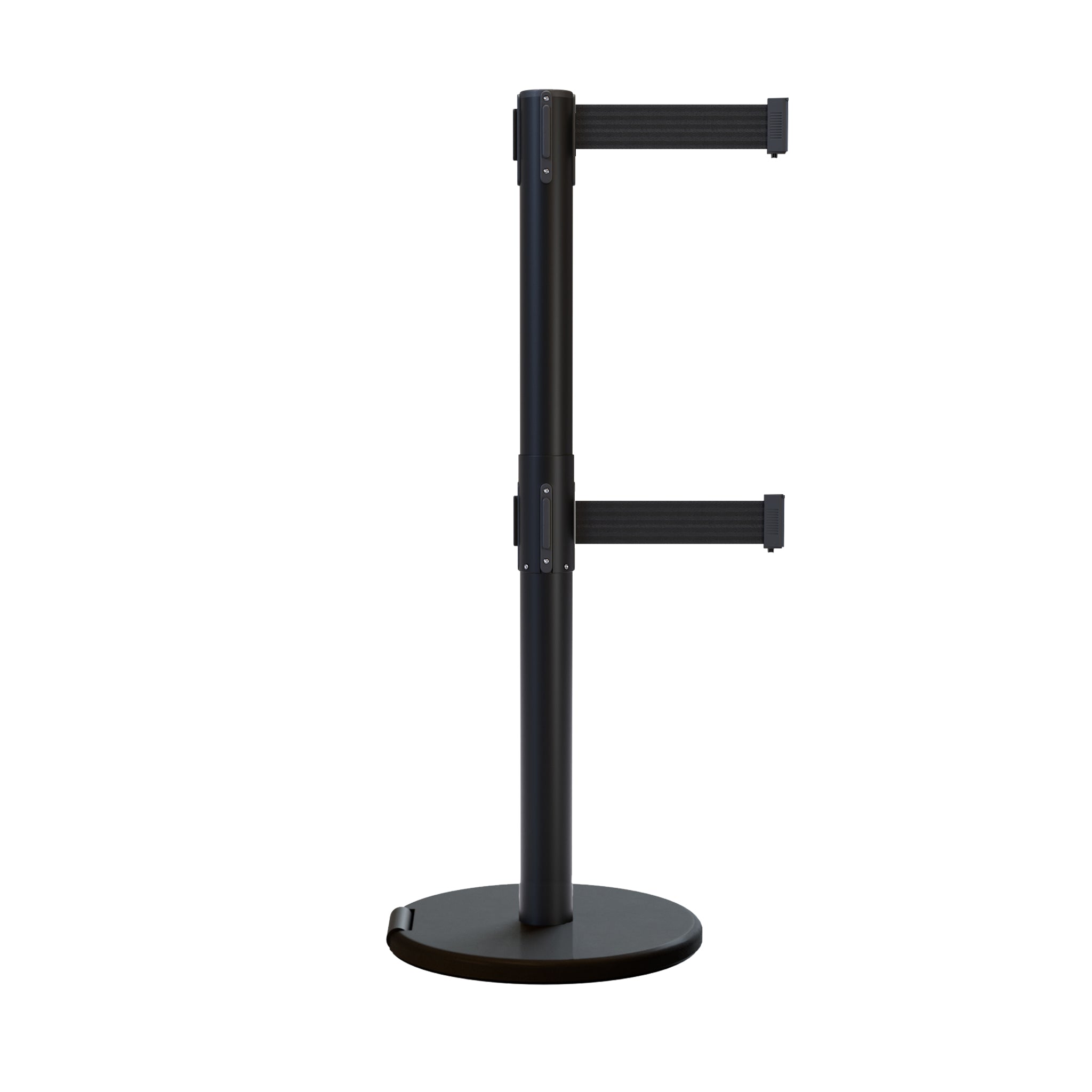 Retractable Dual Belt Barrier Stanchion, Rolling Base, Black Steel Post, 13 ft Belt - Montour Line ME630D - Crowd Control Warehouse