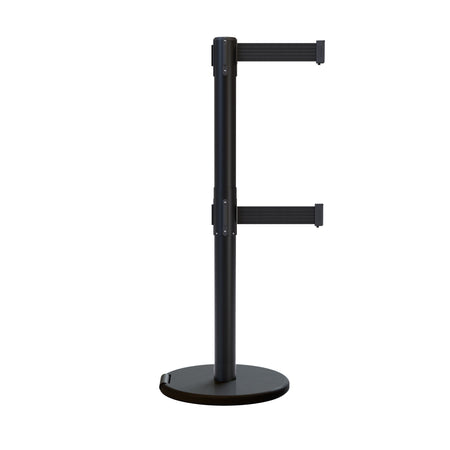 Retractable Dual Belt Barrier Stanchion, Rolling Base, Black Steel Post, 13 ft Belt - Montour Line ME630D - Crowd Control Warehouse