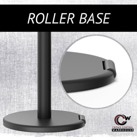 Retractable Dual Belt Barrier Stanchion, Rolling Base, Black Steel Post, 13 ft Belt - Montour Line ME630D - Crowd Control Warehouse