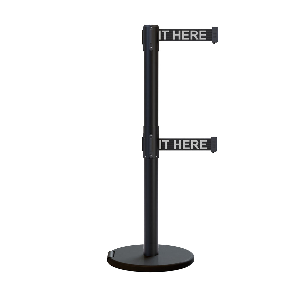 Retractable Dual Belt Barrier Stanchion, Rolling Base, Black Steel Post, 13 ft Belt - Montour Line ME630D - Crowd Control Warehouse