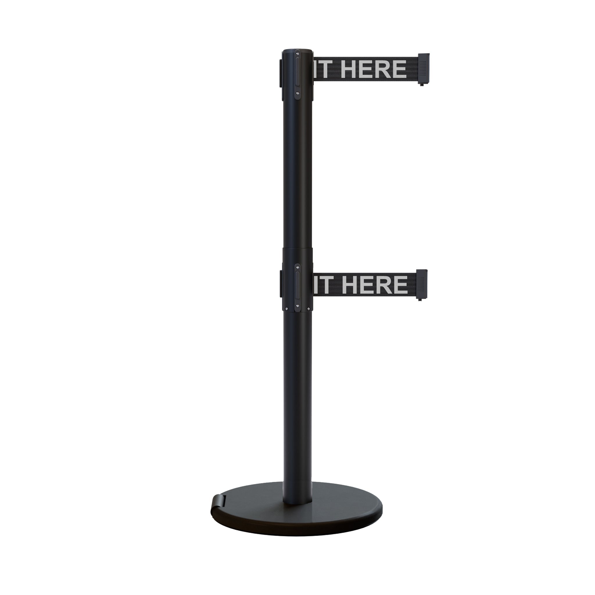 Retractable Dual Belt Barrier Stanchion, Rolling Base, Black Steel Post, 13 ft Belt - Montour Line ME630D - Crowd Control Warehouse