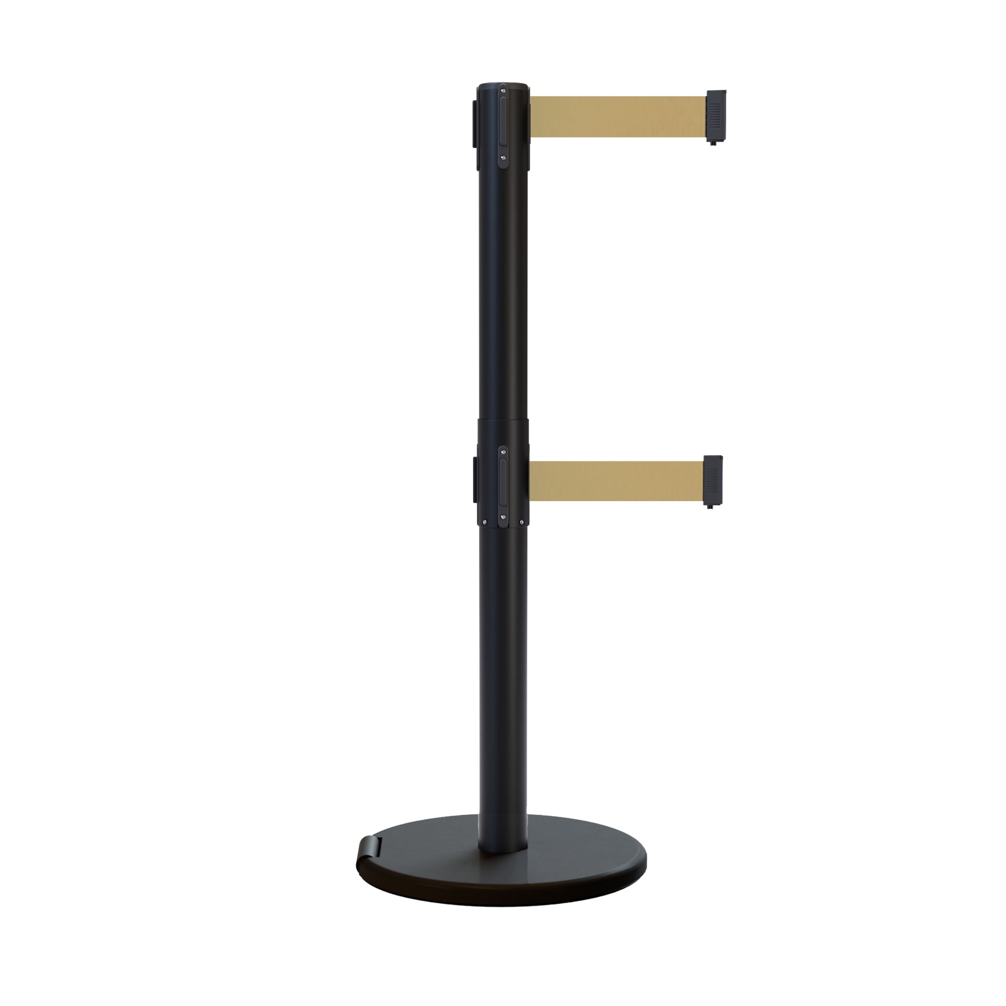 Retractable Dual Belt Barrier Stanchion, Rolling Base, Black Steel Post, 13 ft Belt - Montour Line ME630D - Crowd Control Warehouse