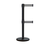 Retractable Dual Belt Barrier Stanchion, Rolling Base, Black Steel Post, 7.5 ft Belt - Montour Line ME630D - Crowd Control Warehouse