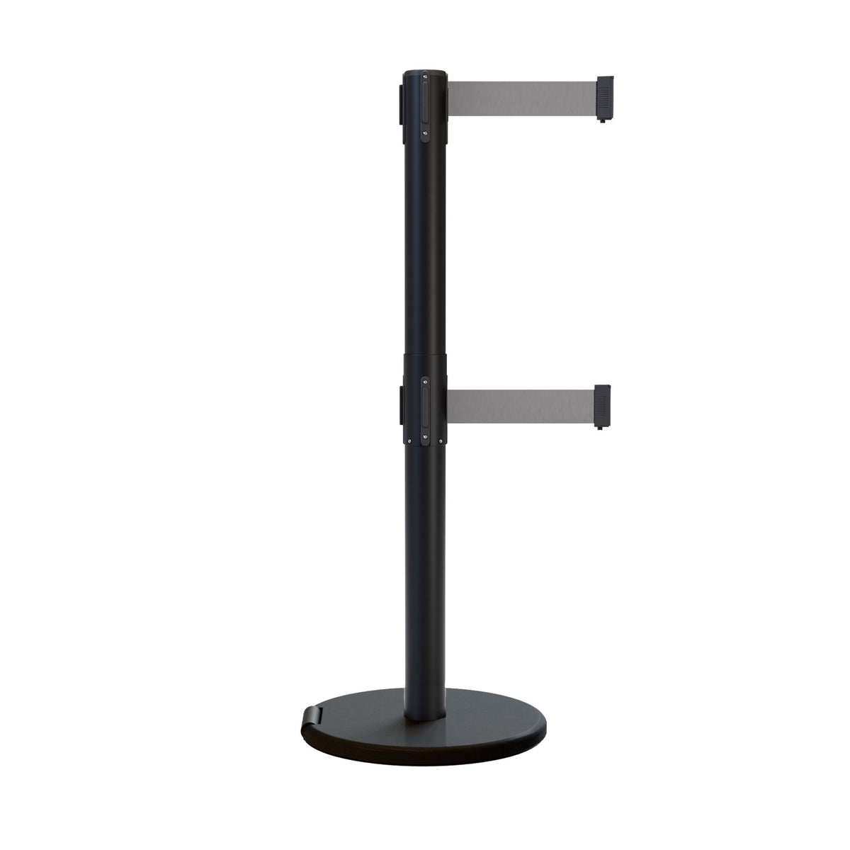 Retractable Dual Belt Barrier Stanchion, Rolling Base, Black Steel Post, 7.5 ft Belt - Montour Line ME630D - Crowd Control Warehouse