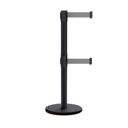 Retractable Dual Belt Barrier Stanchion, Rolling Base, Black Steel Post, 7.5 ft Belt - Montour Line ME630D - Crowd Control Warehouse