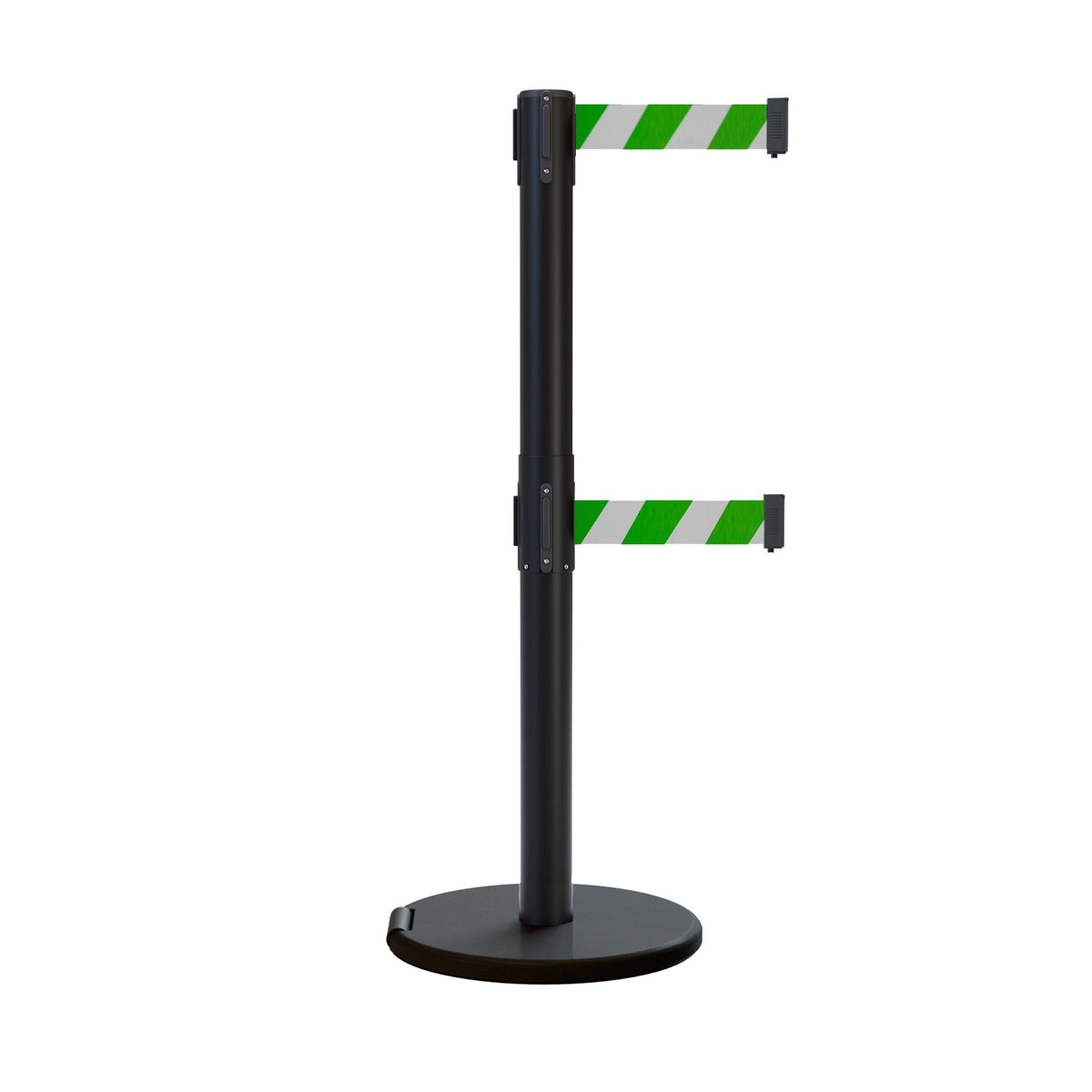 Retractable Dual Belt Barrier Stanchion, Rolling Base, Black Steel Post, 7.5 ft Belt - Montour Line ME630D - Crowd Control Warehouse