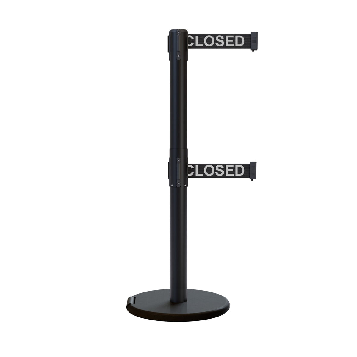 Retractable Dual Belt Barrier Stanchion, Rolling Base, Black Steel Post, 7.5 ft Belt - Montour Line ME630D - Crowd Control Warehouse