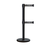 Retractable Dual Belt Barrier Stanchion, Rolling Base, Black Steel Post, 7.5 ft Belt - Montour Line ME630D - Crowd Control Warehouse