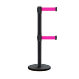 Retractable Dual Belt Barrier Stanchion, Rolling Base, Black Steel Post, 7.5 ft Belt - Montour Line ME630D - Crowd Control Warehouse