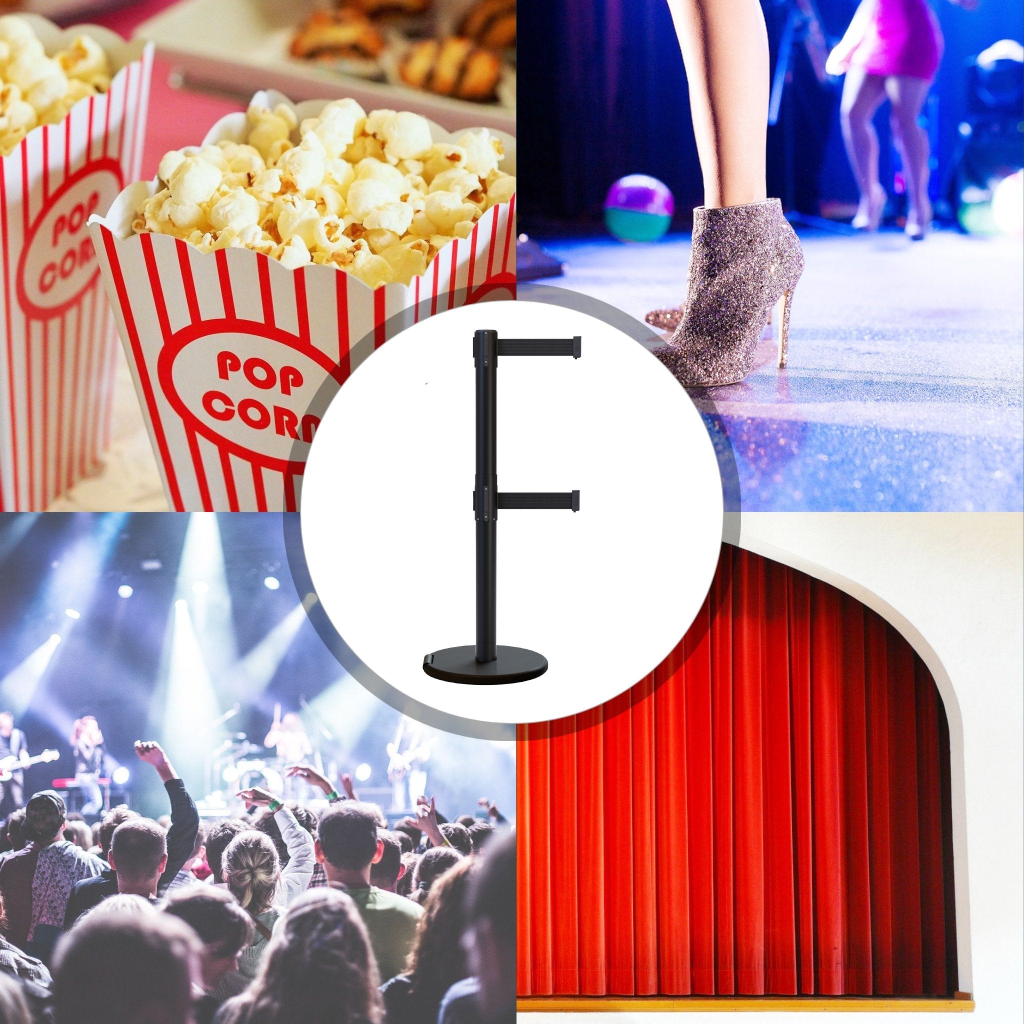 Retractable Dual Belt Barrier Stanchion, Rolling Base, Black Steel Post, 7.5 ft Belt - Montour Line ME630D - Crowd Control Warehouse