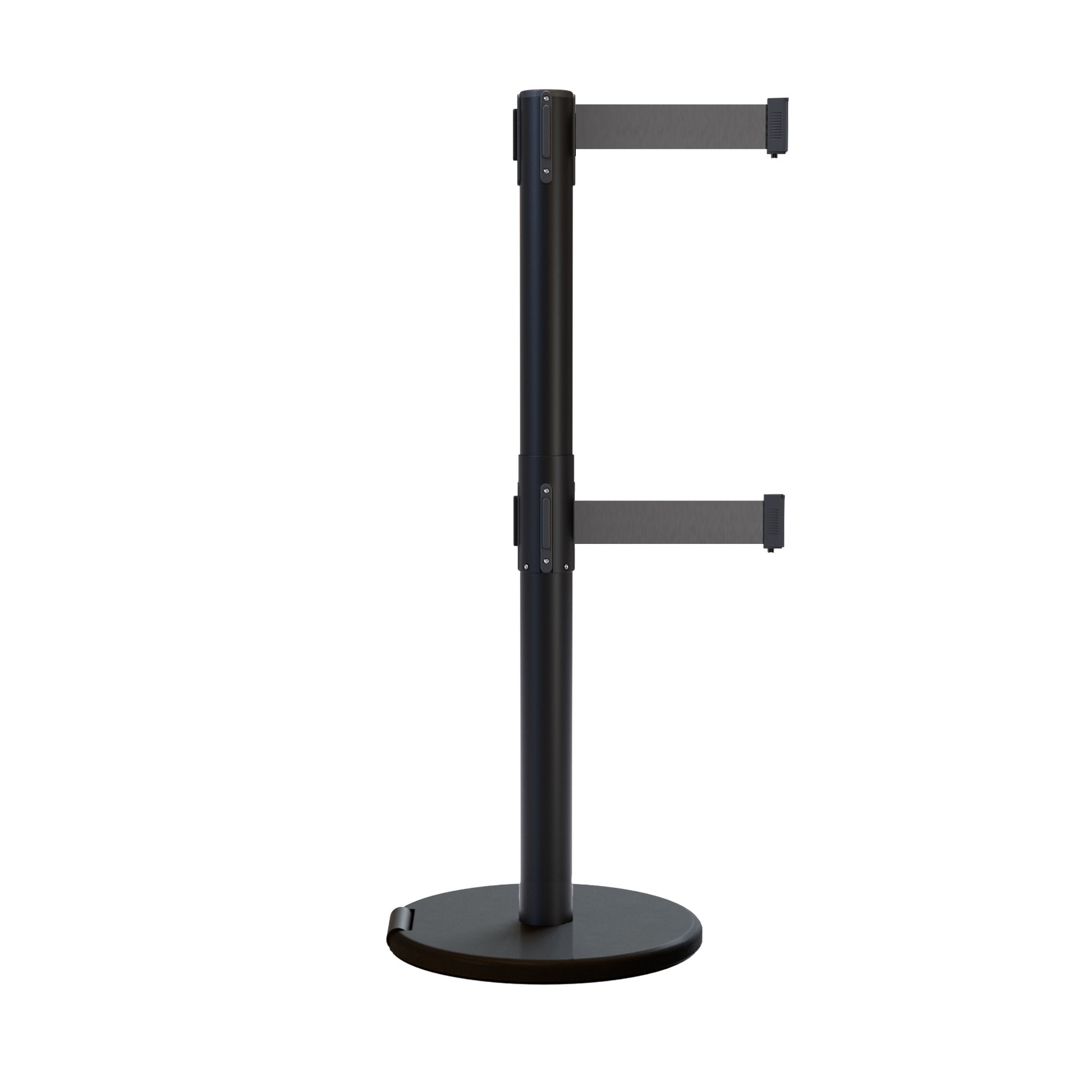 Retractable Dual Belt Barrier Stanchion, Rolling Base, Black Steel Post, 7.5 ft Belt - Montour Line ME630D - Crowd Control Warehouse