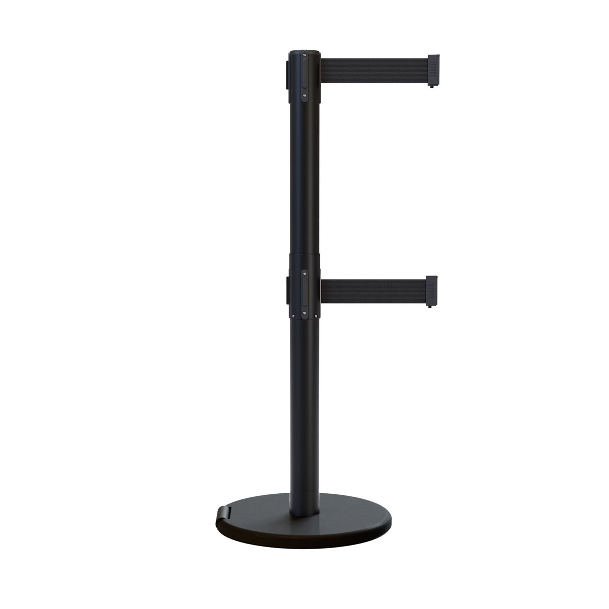 Retractable Dual Belt Barrier Stanchion, Rolling Base, Black Steel Post, 7.5 ft Belt - Montour Line ME630D - Crowd Control Warehouse