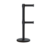 Retractable Dual Belt Barrier Stanchion, Rolling Base, Black Steel Post, 7.5 ft Belt - Montour Line ME630D - Crowd Control Warehouse
