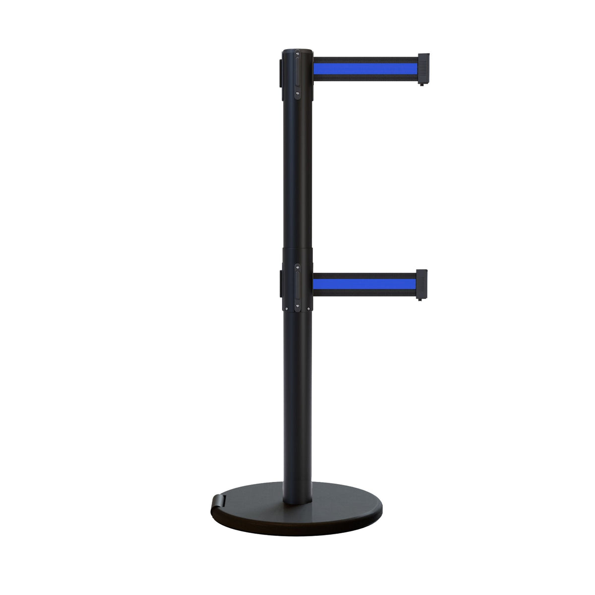 Retractable Dual Belt Barrier Stanchion, Rolling Base, Black Steel Post, 9 ft Belt - Montour Line ME630D - Crowd Control Warehouse