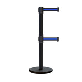 Retractable Dual Belt Barrier Stanchion, Rolling Base, Black Steel Post, 9 ft Belt - Montour Line ME630D - Crowd Control Warehouse