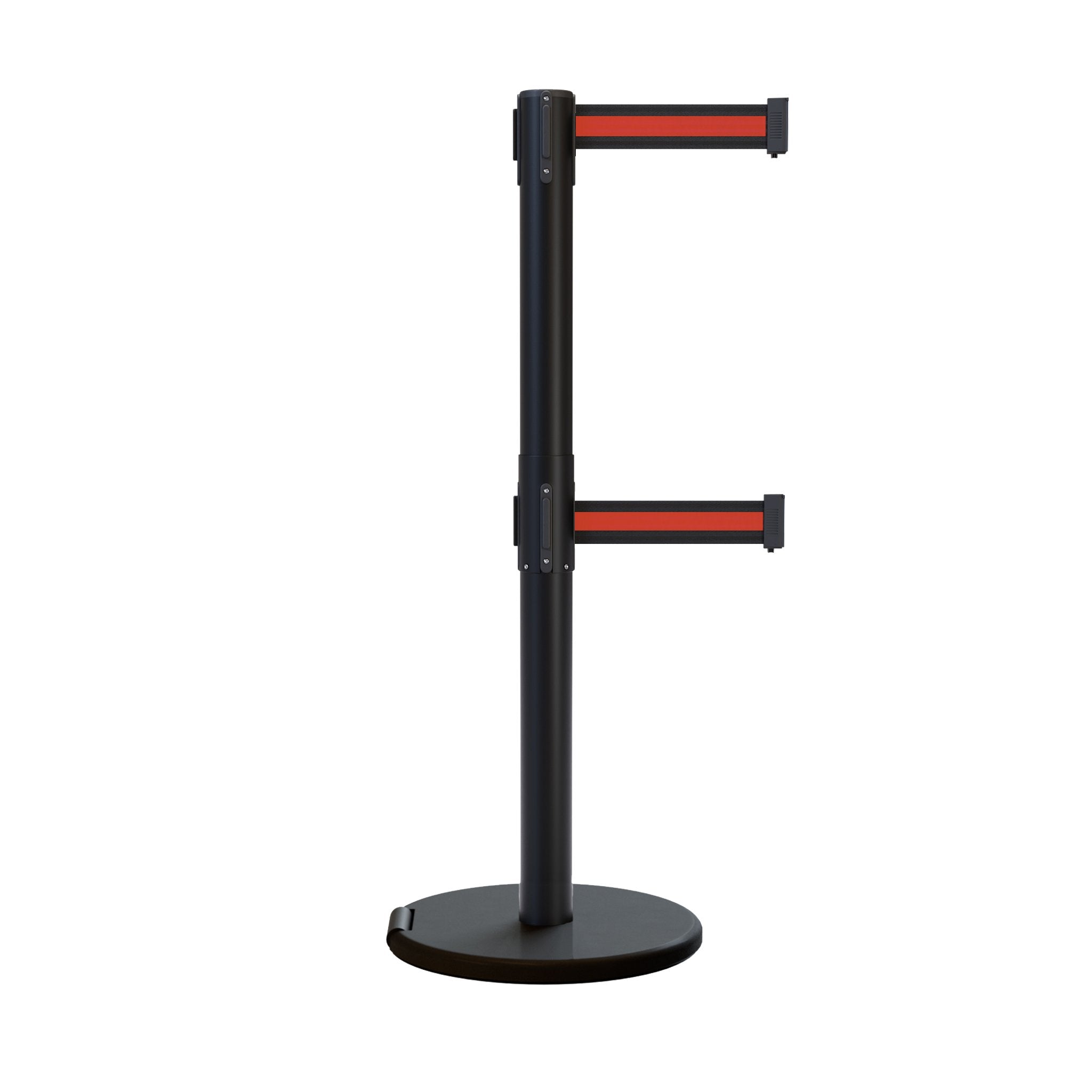 Retractable Dual Belt Barrier Stanchion, Rolling Base, Black Steel Post, 9 ft Belt - Montour Line ME630D - Crowd Control Warehouse
