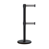 Retractable Dual Belt Barrier Stanchion, Rolling Base, Black Steel Post, 9 ft Belt - Montour Line ME630D - Crowd Control Warehouse