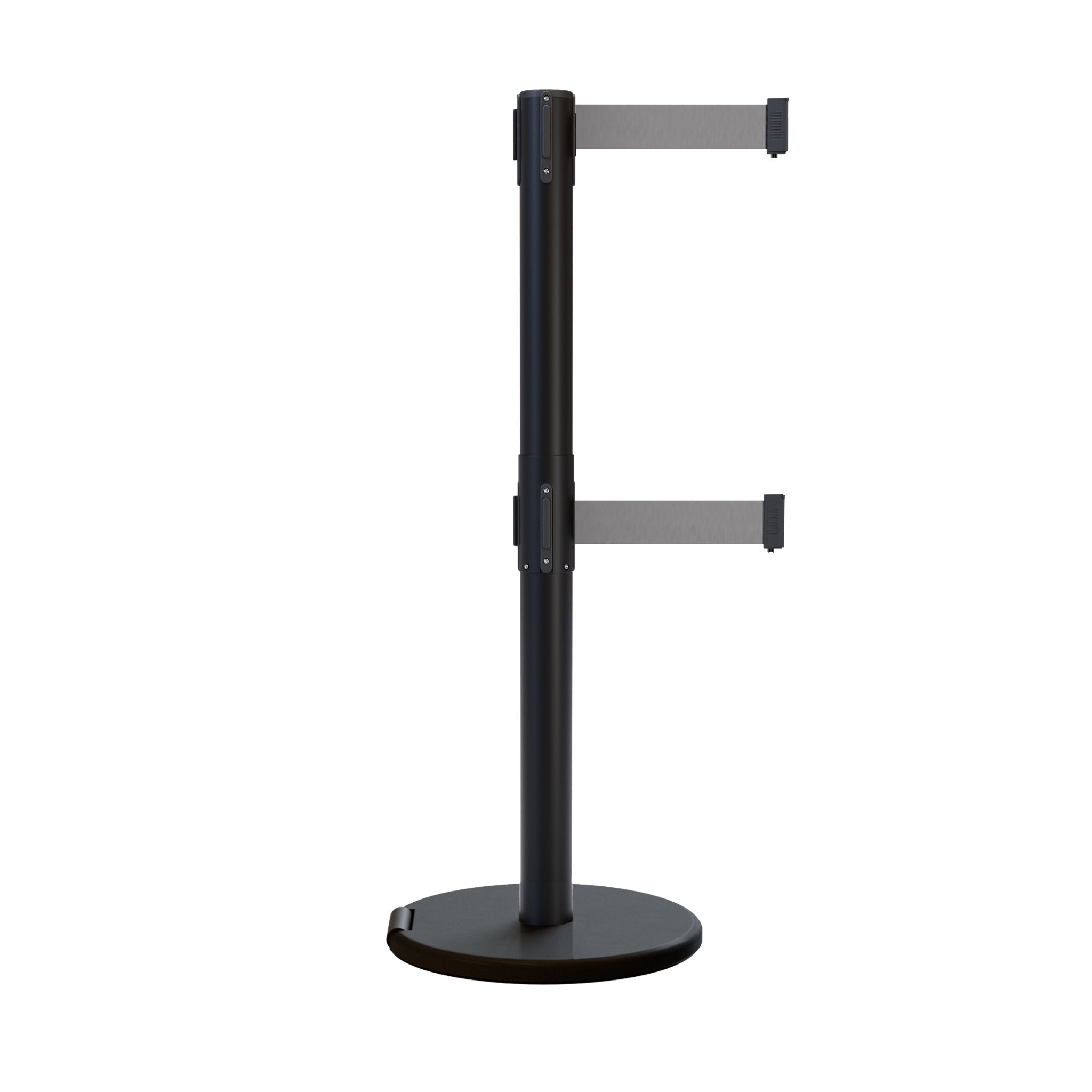 Retractable Dual Belt Barrier Stanchion, Rolling Base, Black Steel Post, 9 ft Belt - Montour Line ME630D - Crowd Control Warehouse