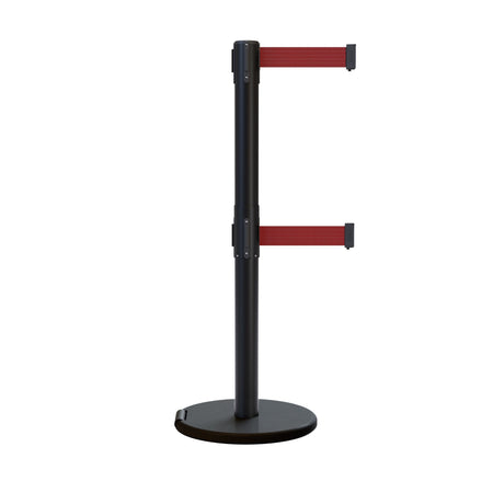 Retractable Dual Belt Barrier Stanchion, Rolling Base, Black Steel Post, 9 ft Belt - Montour Line ME630D - Crowd Control Warehouse
