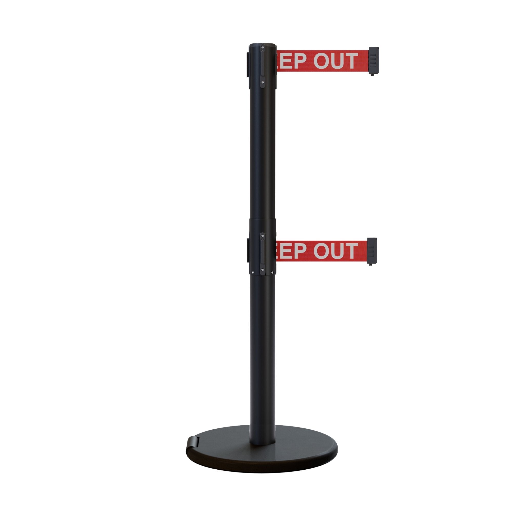 Retractable Dual Belt Barrier Stanchion, Rolling Base, Black Steel Post, 9 ft Belt - Montour Line ME630D - Crowd Control Warehouse