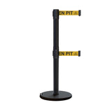 Retractable Dual Belt Barrier Stanchion, Rolling Base, Black Steel Post, 9 ft Belt - Montour Line ME630D - Crowd Control Warehouse