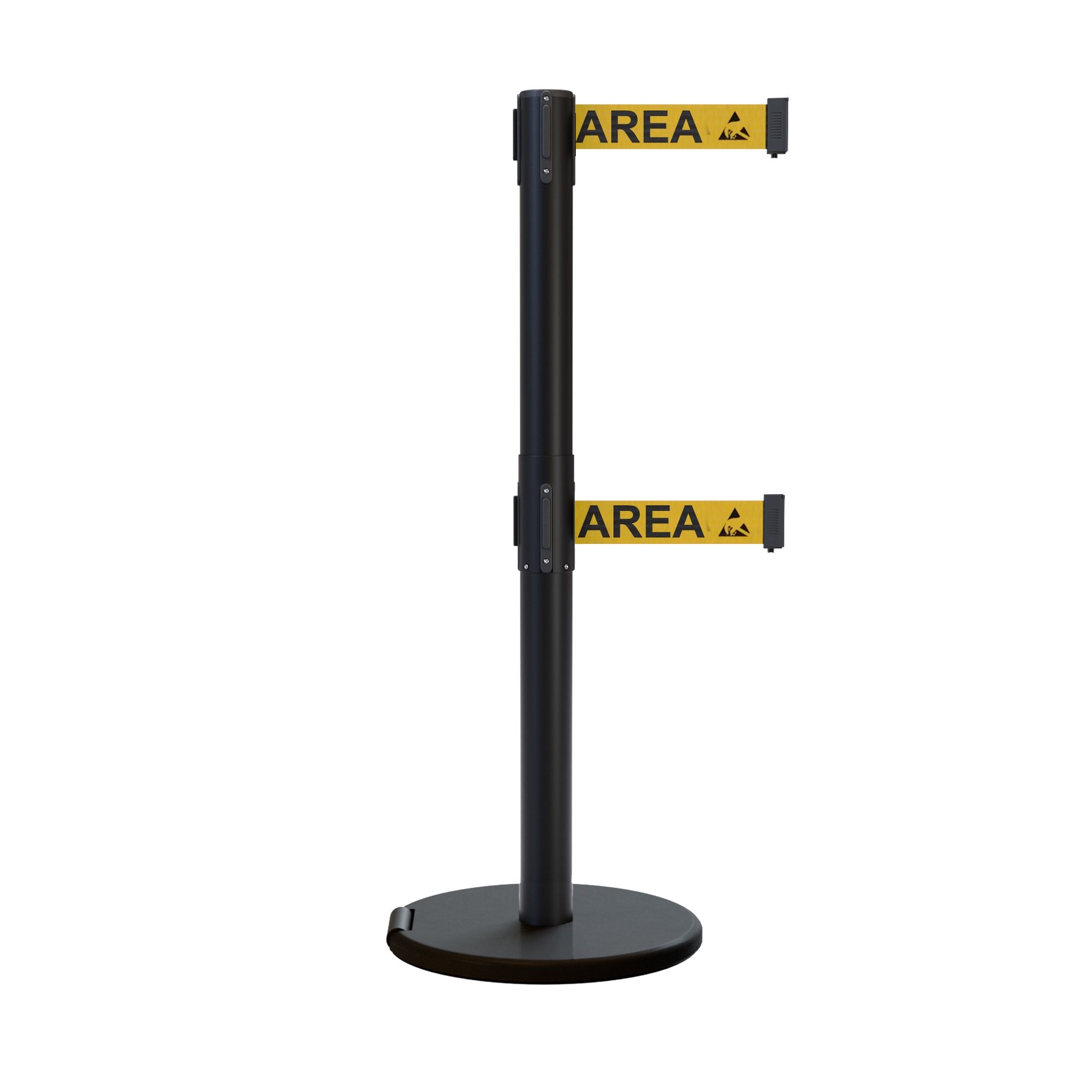 Retractable Dual Belt Barrier Stanchion, Rolling Base, Black Steel Post, 9 ft Belt - Montour Line ME630D - Crowd Control Warehouse