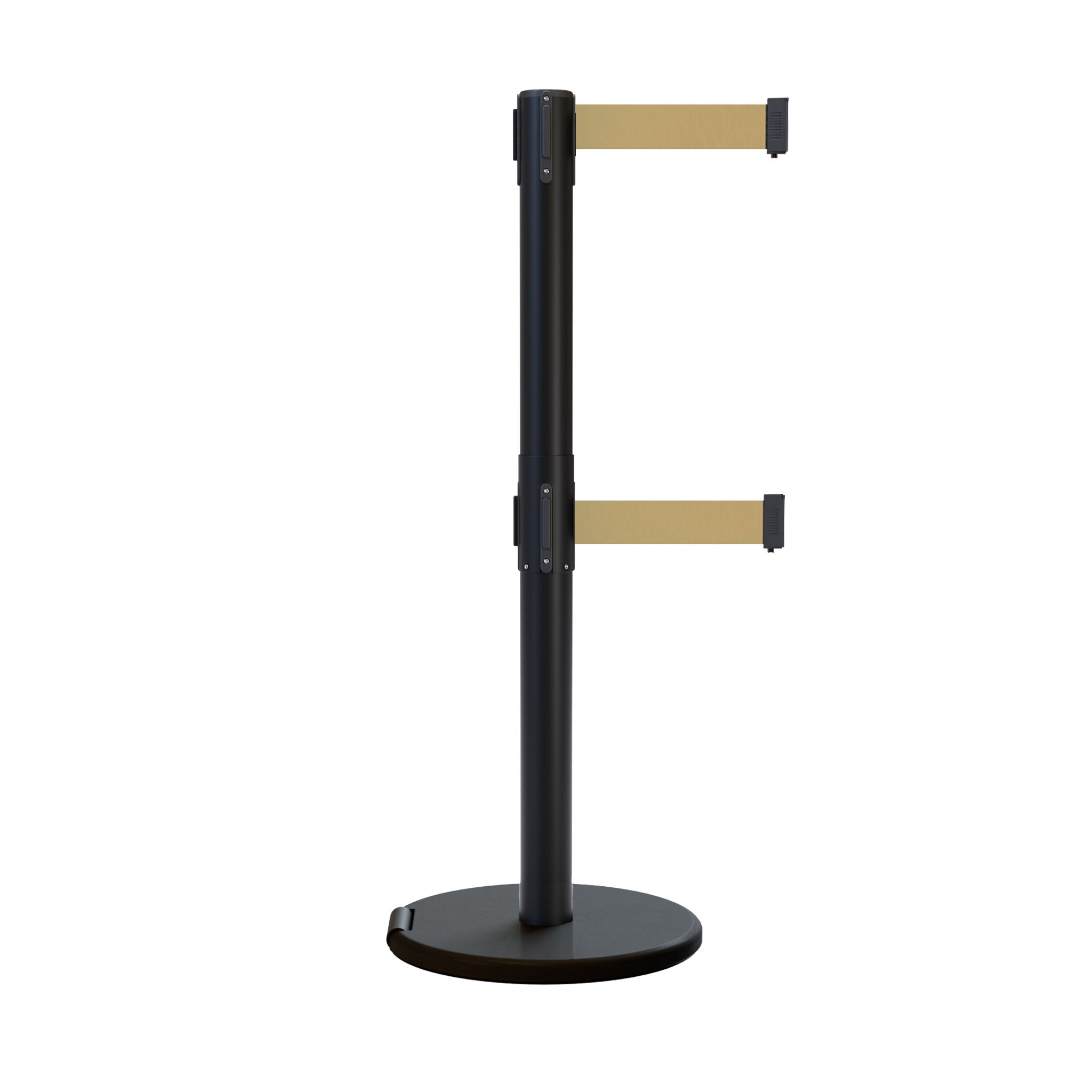 Retractable Dual Belt Barrier Stanchion, Rolling Base, Black Steel Post, 9 ft Belt - Montour Line ME630D - Crowd Control Warehouse