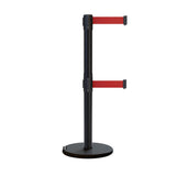Retractable Dual Belt Barrier Stanchion, Rolling Base, Black Steel Post, 9 ft Belt - Montour Line ME630D - Crowd Control Warehouse
