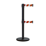 Retractable Dual Belt Barrier Stanchion, Rolling Base, Black Steel Post, 9 ft Belt - Montour Line ME630D - Crowd Control Warehouse