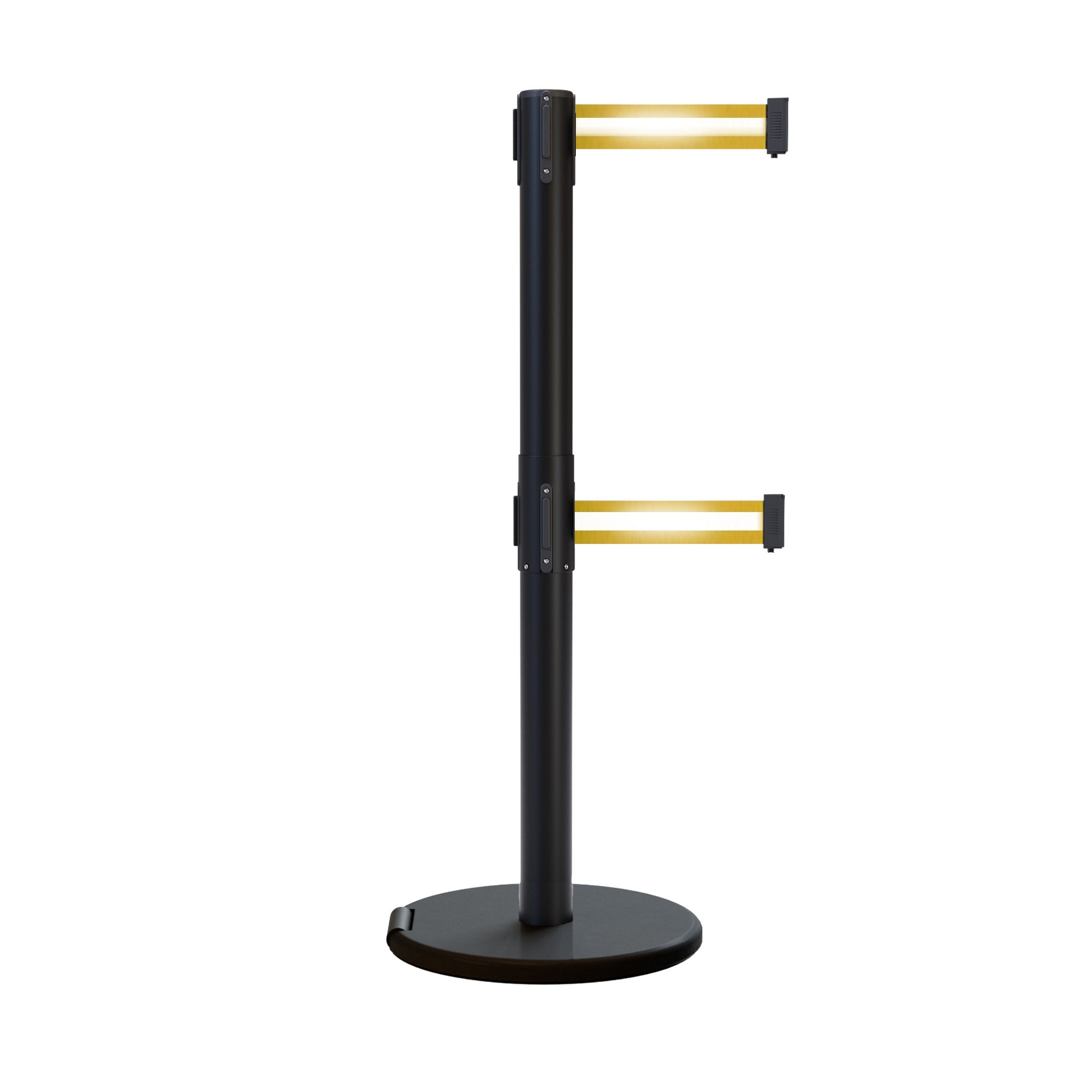 Retractable Dual Belt Barrier Stanchion, Rolling Base, Black Steel Post, 9 ft Belt - Montour Line ME630D - Crowd Control Warehouse