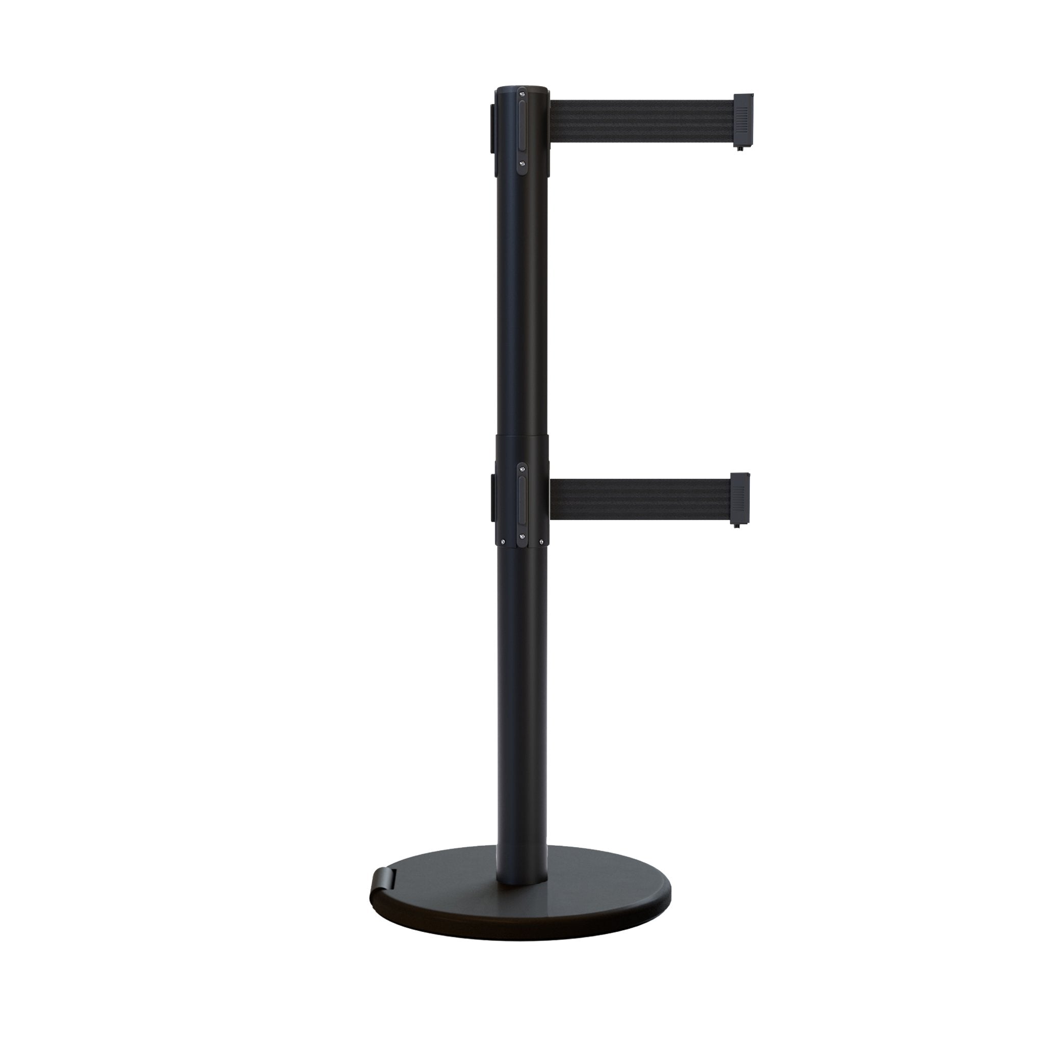 Retractable Dual Belt Barrier Stanchion, Rolling Base, Black Steel Post, 9 ft Belt - Montour Line ME630D - Crowd Control Warehouse