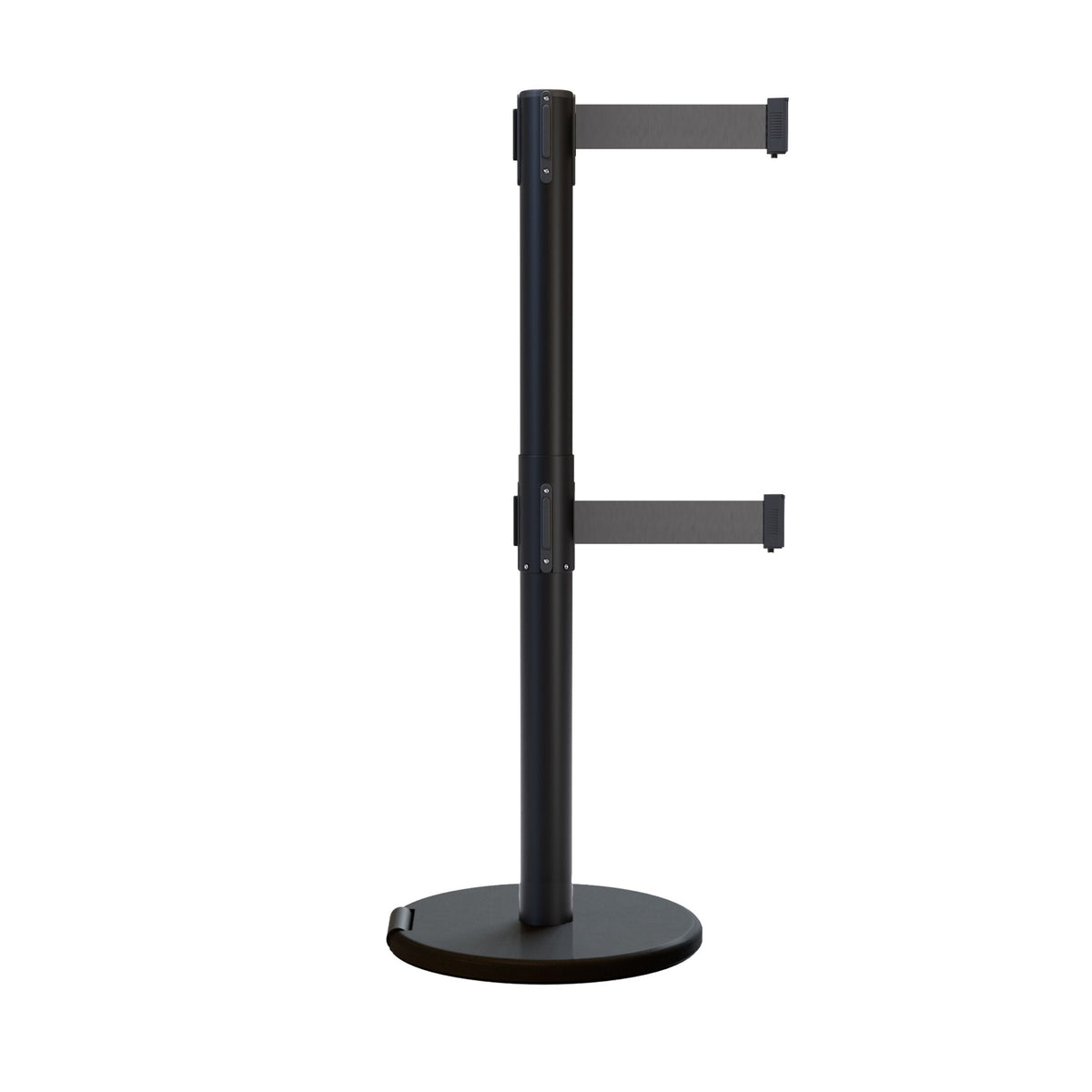 Retractable Dual Belt Barrier Stanchion, Rolling Base, Black Steel Post, 9 ft Belt - Montour Line ME630D - Crowd Control Warehouse