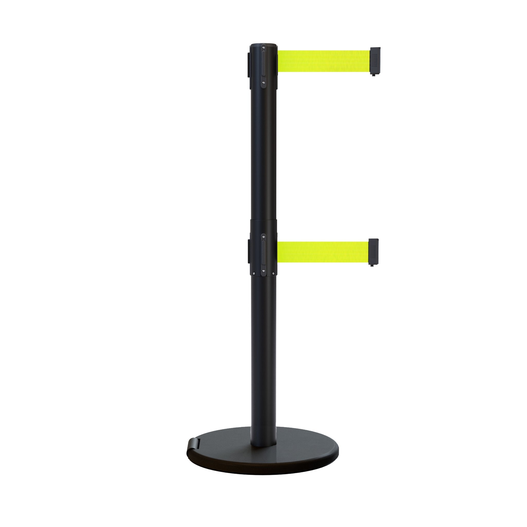 Retractable Dual Belt Barrier Stanchion, Rolling Base, Black Steel Post, 9 ft Belt - Montour Line ME630D - Crowd Control Warehouse