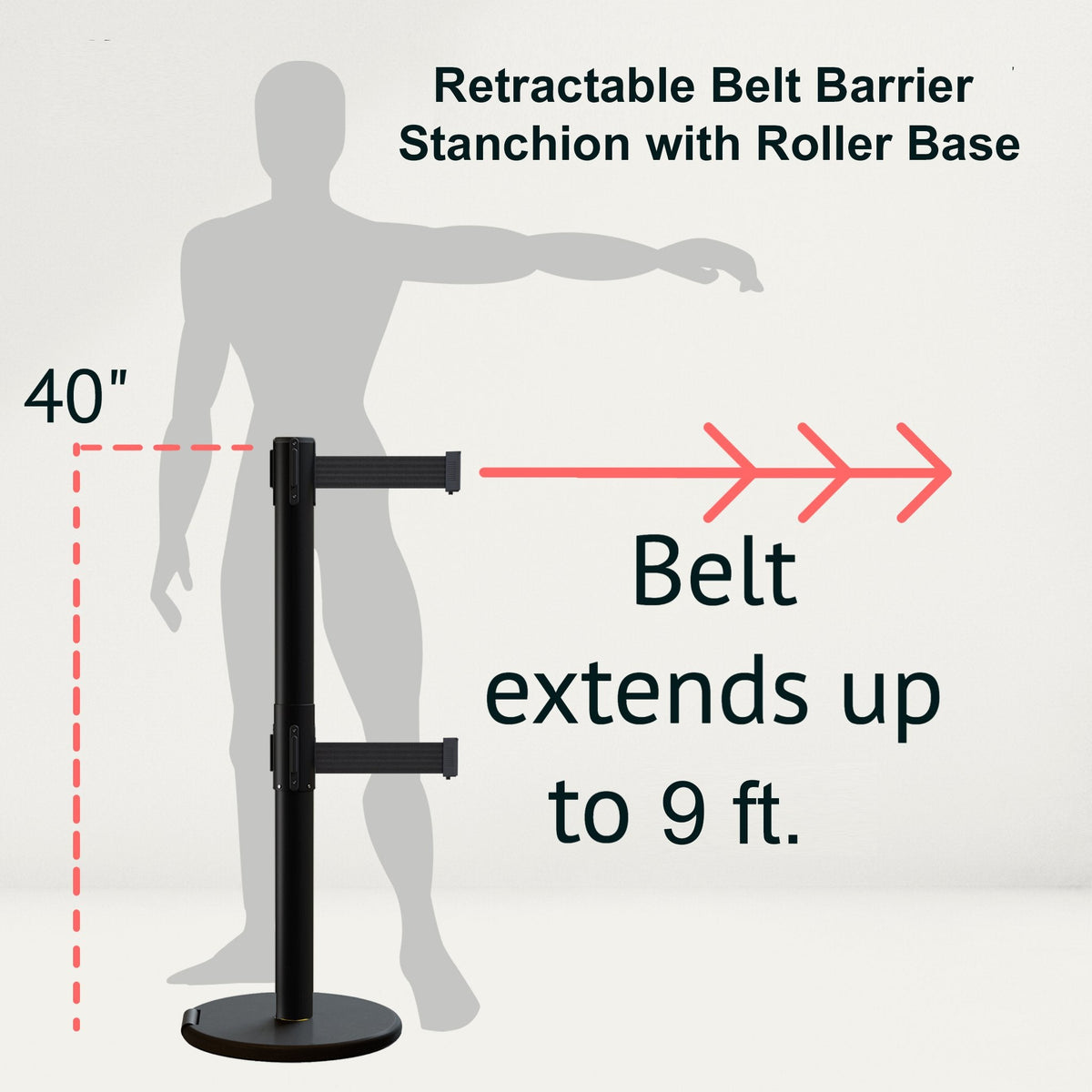 Retractable Dual Belt Barrier Stanchion, Rolling Base, Black Steel Post, 9 ft Belt - Montour Line ME630D - Crowd Control Warehouse